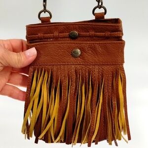 ROXY crossbody bag purse brown with multi pockets and fringe adjustable strap